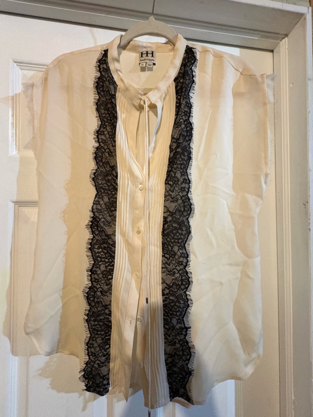 Haute Hippie Ivory Blouse with Black Lace Panels